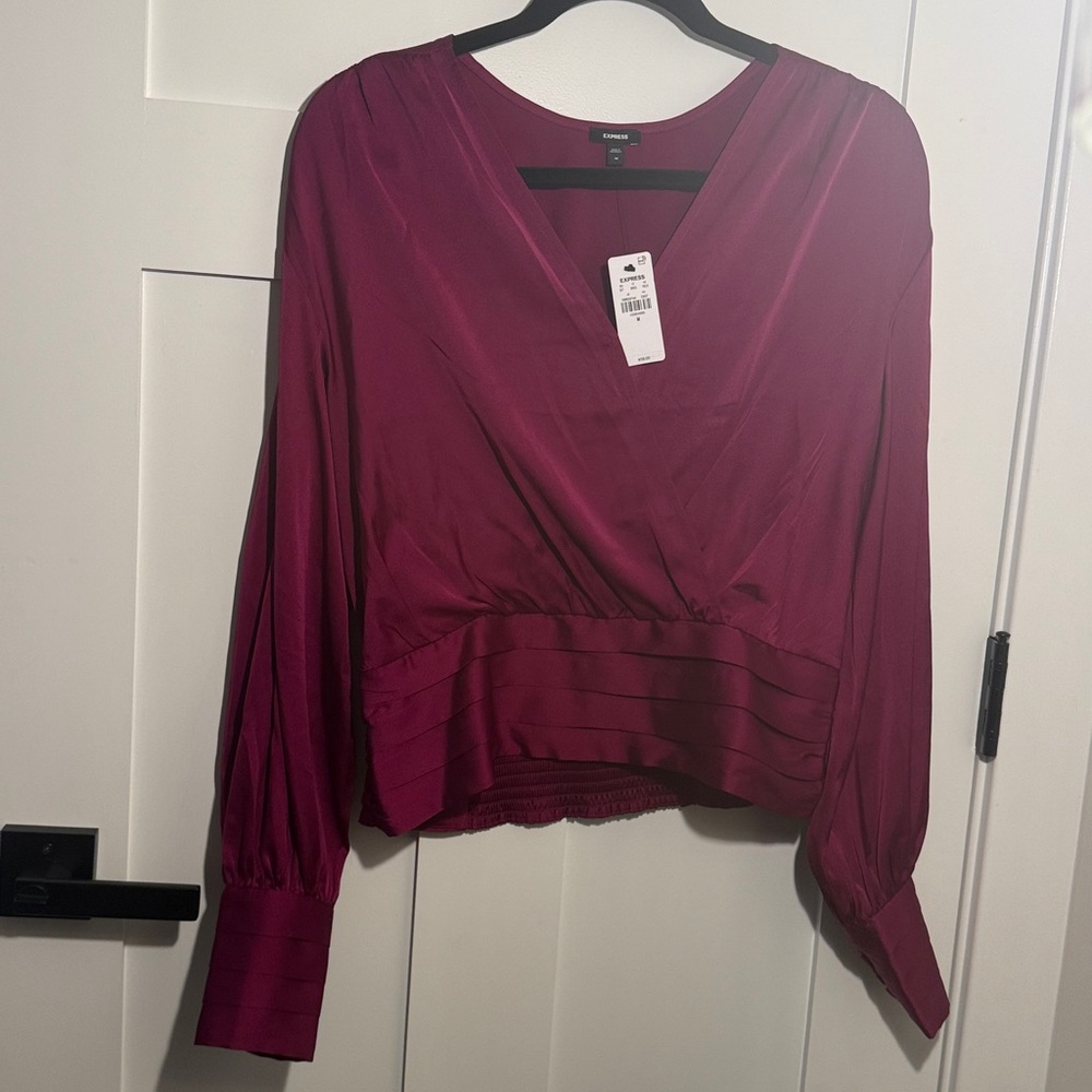 Express Satin V-Neck Balloon Sleeve Faux Wrap Top